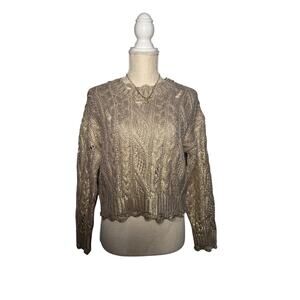 Zara Sweater Womens Small Gold Distressed LS Crewneck Open Knit Holiday Party